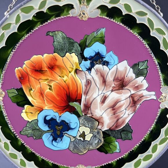 Joan Baker Designs Art Glass Suncatcher Bright Flowers Hand Painted Bird Garden - Picture 2 of 11